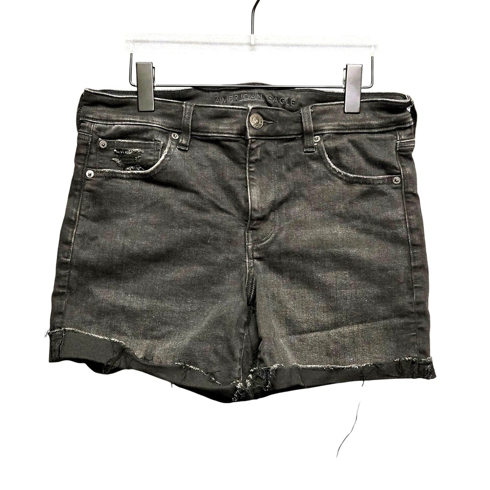 American Eagle Grunge Festival 12 Black Midi Denim Shorts Raw Hem Cut Offs